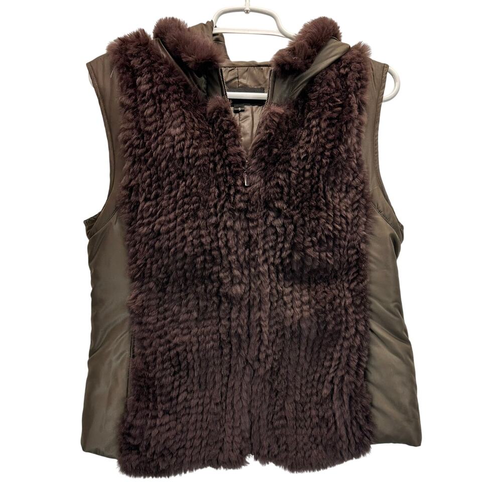 Dana Stein Rabbit Fur Hooded Vest Brown Small Artsy Mob Wife Y2K